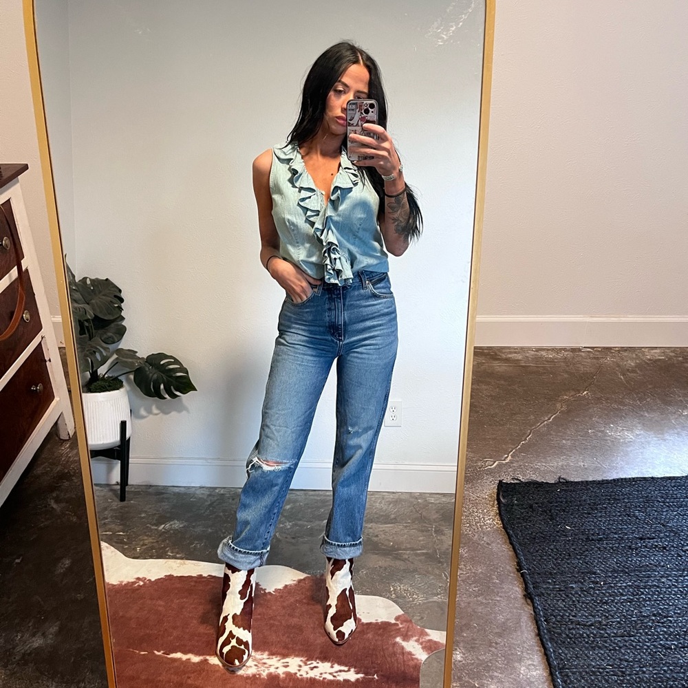 Vintage Chaps Denim Ruffle Top